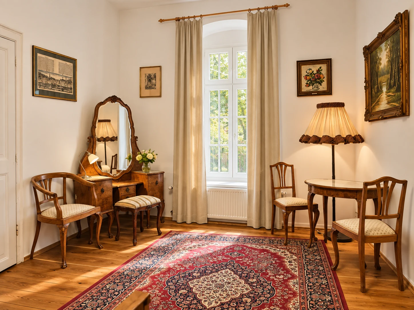 Historisches Schlafzimmerdetail im Apartment Classic mit Frisierkommode und Sitzplatz