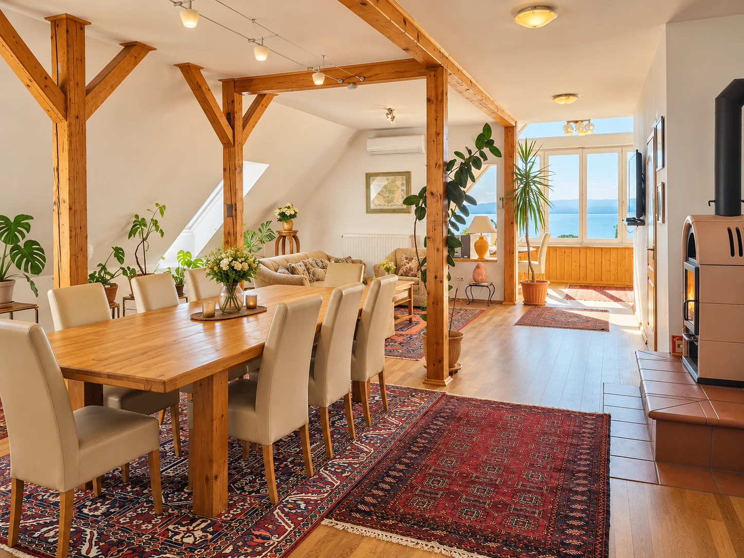 Essbereich im Apartment Modern mit großem Holztisch und Blick Richtung Balaton