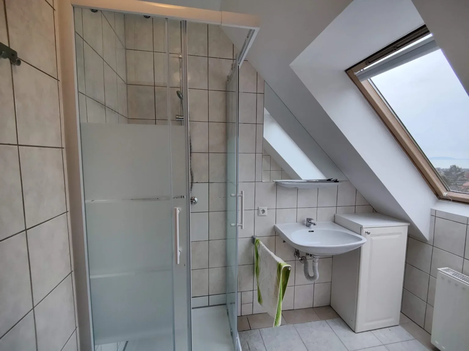 Badezimmer im Rooftop mit Dusche und Dachfenster